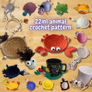 22-in-1 Animal Crochet Coaster Patterns, Mug Hugger Bundle, animals cup holder (PDF + VIDEO TUTORIAL)