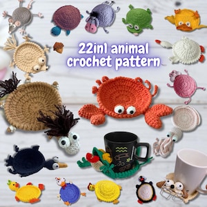 May include: A collection of 22 crocheted animal patterns, including a crab, mouse, and octopus. The patterns are in various colors, such as orange, green, and brown. A black mug rests on a green coaster.