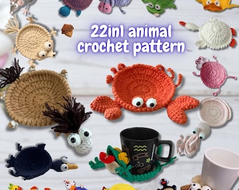 22-in-1 Animal Crochet Coaster Pattern Bundle, Animals Cup Holder, Amigurumi, (PDF Pattern + VIDEO TUTORIAL)