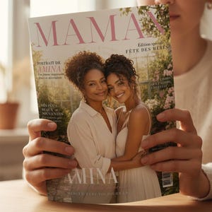 Puede incluir: Una portada de revista con el t&iacute;tulo "MAMA" en rosa. La portada presenta a dos mujeres abraz&aacute;ndose, con el texto "Portrait de Amina" y "Edition sp&eacute;ciale F&ecirc;te des M&egrave;res". La revista est&aacute; en manos de una persona.