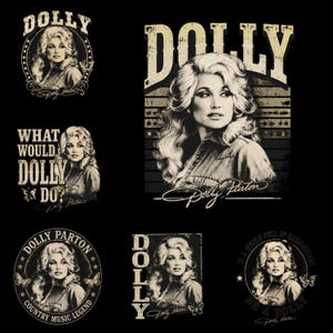 Könnte beinhalten: Eine Sammlung von sechs Grafikdesigns mit einem Porträt von Dolly Parton im Sepia-Stil. Die Designs enthalten den Text DOLLY, DOLLY PARTON, WHAT WOULD DOLLY DO? und IN A WORLD FULL OF KARDASHIANS BE A DOLLY, ergänzt durch Schmetterlingsmotive.