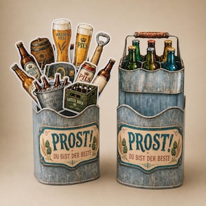 May include: Two galvanized metal beer caddies with the word "PROST!" and "DU BIST DER BESTE" printed on them. One caddy holds beer bottles, glasses, and a bottle opener. The other caddy holds beer bottles in a carrier.