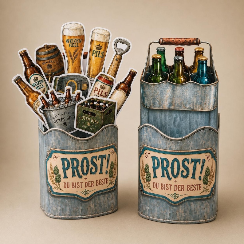 May include: Two galvanized metal beer caddies with the word "PROST!" and "DU BIST DER BESTE" printed on them. One caddy holds beer bottles, glasses, and a bottle opener. The other caddy holds beer bottles in a carrier.