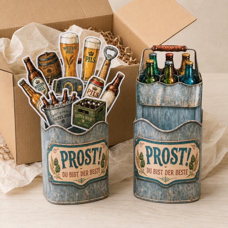 May include: Two galvanized metal beer caddies with a rustic design. One caddy holds beer bottles and cutouts of beer bottles, glasses, and a barrel. The other caddy holds beer bottles. The text "PROST! DU BIST DER BESTE" is displayed on both.