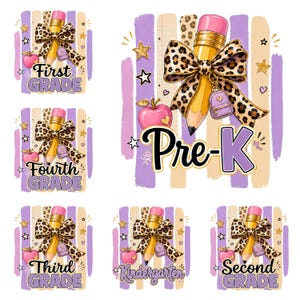 May include: A collection of school-themed graphics featuring yellow pencils with pink erasers, leopard print bows, small purple backpacks, pink apples, and gold stars. Each design includes text for grade levels including Pre-K, Kindergarten, and First through Fourth Grade.