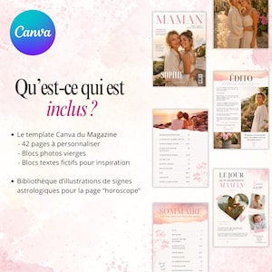 May include: A Canva magazine template with a pink and white design. The magazine cover features two women. The text includes "MAMAN" and "SOPHIE". Additional pages showcase content, including a table of contents and a page titled "&Eacute;DITO".