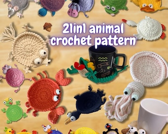 21-in-1 Tier häkeln Achterbahn Muster, Mug Hugger Bundle, Tiere Getränkehalter (PDF + VIDEO TUTORIAL)
