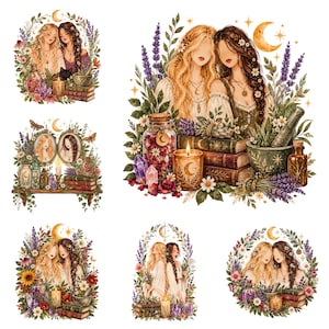Op de afbeelding: Een verzameling digitale illustraties met twee figuren met lang blond en bruin haar, omringd door lavendel, wilde bloemen, boeken, kristallen, kaarsen en glazen potten. De kunstwerken bevatten maanmotieven, vijzels en botanische elementen in diverse ronde en rechthoekige composities.