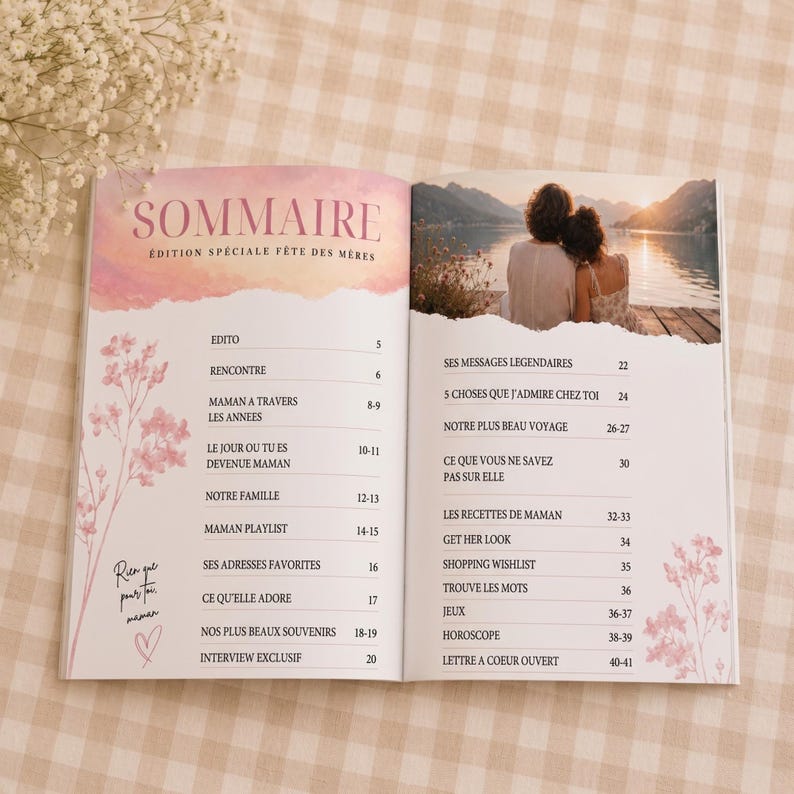 May include: Open book with a pink and white floral design. The left page features the word "SOMMAIRE" and a table of contents. The right page has a photo of a couple and more text.
