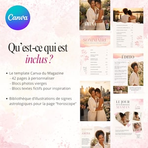 Puede incluir: Una plantilla de revista digital con un dise&ntilde;o rosa y blanco, con el logotipo de Canva y el texto "Qu'est-ce qui est inclus?" La plantilla incluye 42 p&aacute;ginas, bloques de fotos e ilustraciones astrol&oacute;gicas.