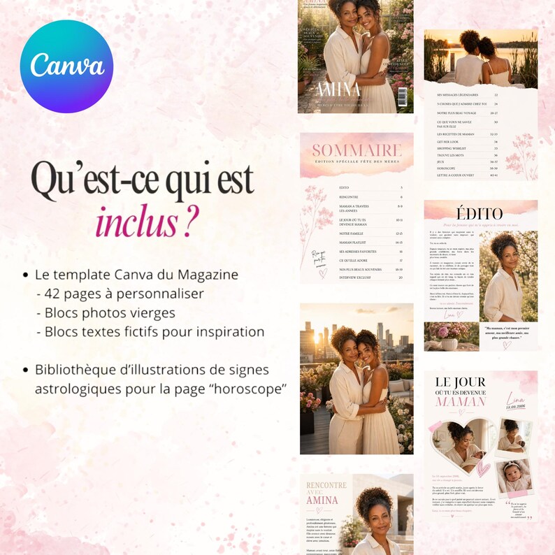 Puede incluir: Una plantilla de revista digital con un dise&ntilde;o rosa y blanco, con el logotipo de Canva y el texto "Qu'est-ce qui est inclus?" La plantilla incluye 42 p&aacute;ginas, bloques de fotos e ilustraciones astrol&oacute;gicas.
