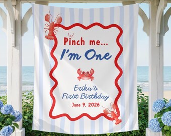 Lobster First Birthday Tapestry Welcome Backdrop Pinch Me I'm One First Birthday Crab Theme Sunny Salty and One Custom Tapestry