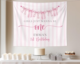 Girls Just Wanna Be One First Birthday Tapestry Pink Bow 1st Birthday Welcome Backdrop Coquette Birthday First Girl Birthday Custom Tapestry