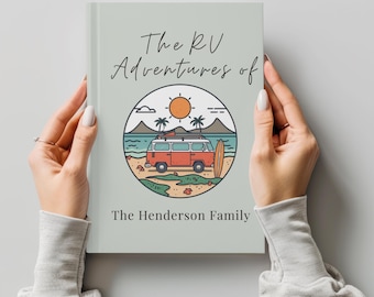 May include: A light sage green book cover titled The RV Adventures of The Henderson Family. The center features a circular illustration of a red camper van on a beach with palm trees, a surfboard, mountains, and a bright orange sun.