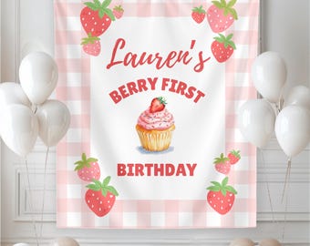Berry First Birthday Tapestry Welcome Backdrop First Birthday Keepsake Custom Tapestry Gingham First Birthday Strawberry Theme Birthday