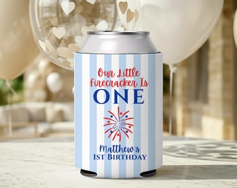 Our Little Firecracker Is One Can Cooler 4th of July First Birthday Custom Party Favor Birthday Can Cooler 1st Birthday Cozie