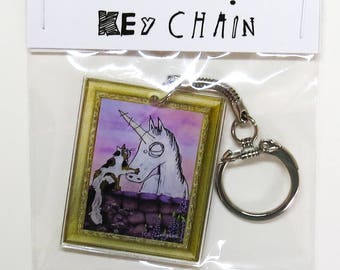 Original Art Keychain - "Friends" - Cat & Unicorn, BFFs, Best Friend Gift, Roommate Gift, Funny Keychain, Zipper Pull, Altered Art