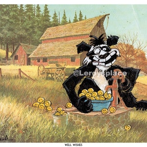 May include: A cartoon black and white panda wearing a black coat sits by a well, holding a blue bowl filled with yellow smiley faces. The panda is pumping water from the well with a hand pump. The scene is set in a rural area with a red barn in the background.