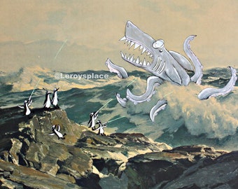 Sharktopus vs. Laser Penguins 8.5 x 11 Print, Bathroom decor, kid room art, shark bday, boyfriend gift