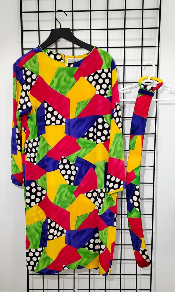 Vintage 80s Memphis Inspired Silk Dress w/ Matchin