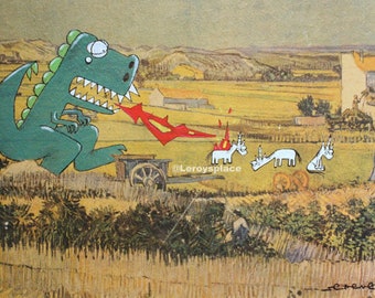 Pastoral 8.5 x 11 Print, Dinosaur Art, Funny Kid Room Art, Thrift Store Art