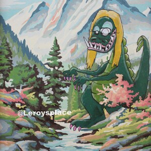 May include: A green monster with long blonde hair and sharp teeth stands in a mountain landscape. The monster is standing in a stream with rocks and trees in the background. The text '@Leroysplace' is visible in the lower left corner of the image.