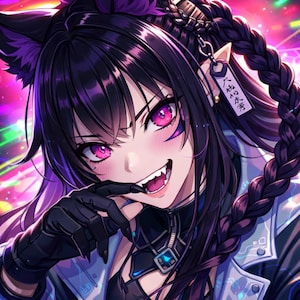 May include: Anime-style illustration of a character with black hair, purple eyes, and cat ears. The character is biting their gloved hand, with a mischievous expression. The background is a vibrant mix of pink, purple, and green.