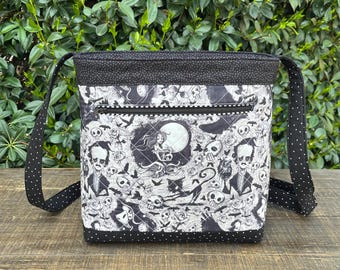 Bolso cruzado gótico Edgar Allan Poe, bolso personalizado, calavera gótica, El cuervo, Nunca más, El corazón delator, Halloween