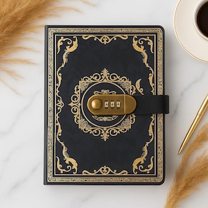 May include: A black journal with gold ornate detailing and a combination lock. The cover features a gold decorative border and a central design. A black strap secures the journal. A gold pen and a cup of coffee are in the background.