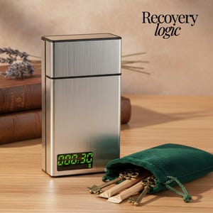 May include: A brushed metal rectangular box with a digital display showing "000.30". A green velvet drawstring bag contains several antique-style keys. The text "Recovery logic" is in the upper right corner.