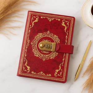 Puede incluir: Un diario rojo con cerradura de combinación dorada y detalles dorados decorativos. El diario tiene una correa roja a juego para asegurar la tapa. Un bolígrafo dorado descansa junto al diario sobre una superficie blanca.