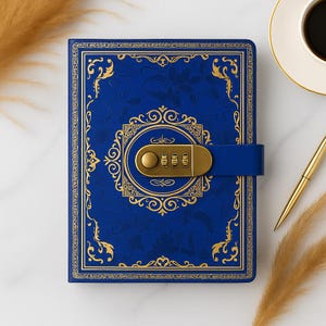 Könnte beinhalten: Ein blaues Notizbuch mit Zahlenschloss. Das Cover zeigt goldene Verzierungen und ein zentrales Medaillon. Ein goldener Stift und eine Tasse Kaffee sind im Hintergrund. Das Schloss des Journals ist goldfarben.