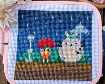 Rainy Night With Totoro at the Bus Stop - PDF Cross Stitch Pattern