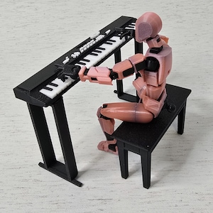 Teclado en miniatura con banco para maniquí de 13 figuras. Accesorio realista impreso en 3D para dioramas y colecciones musicales.