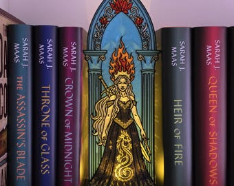 Flame Crown Queen Fantasy Book Nook, Extra Large Stained Glass Dragon LED Decor