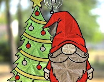 Large 3D Printed Gnome with Christmas Tree | Stained Glass Effect Window Decor | Scandinavian Holiday Gift