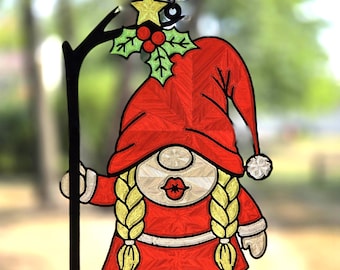 Large 3D Printed Lady Gnome with Mistletoe | Stained Glass Effect Window Decor | Scandinavian Holiday Gift