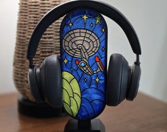 Starship Headphone Stand, Stained Glass Look, Translucent 3D Print Desk Light, Sci-Fi Gift