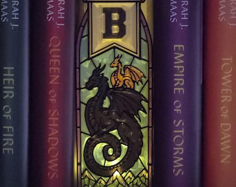 Black & Golden Dragons Book Nook, Fantasy Stained Glass LED Decor Gift