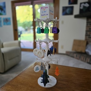 Op de afbeelding: Een witte, meerlagige displaystandaard gevuld met diverse sleutelhangers. Sleutelhangers zijn onder meer een turquoise tas, een groene tas, een paarse fluit en een zwarte sleutel. Andere sleutelhangers tonen een wit gebouw, een Star Trek-symbool en een blauwe alligator.
