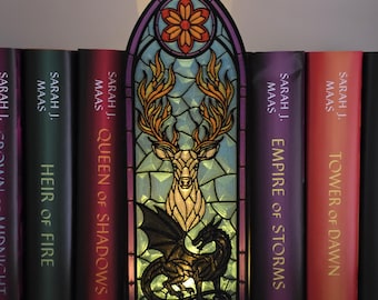 Crown Court Fantasy Book Nook, XL Stained Glass LED Light, Stag & Wyvern Decor