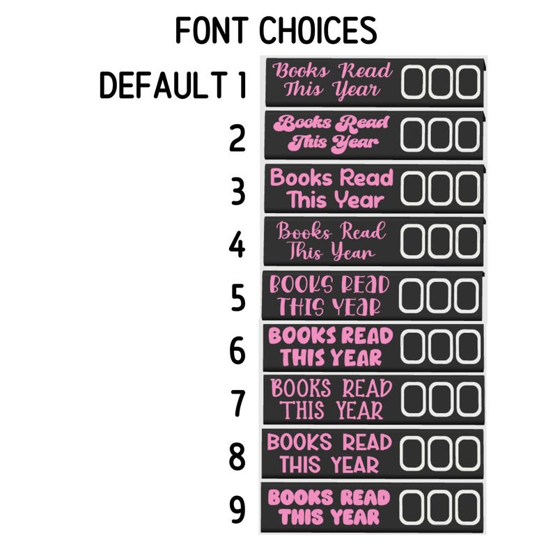 May include: A graphic showing nine font choices for a "Books Read This Year" tracker. Each option displays the text in a different font style, with a space for entering the number of books read. The text "FONT CHOICES" is at the top.