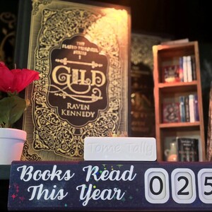 May include: A bookshelf with books, a small wooden bookshelf, and a red flower in a white pot. A counter displays "Books Read This Year 025". A book titled "GILD" is visible.