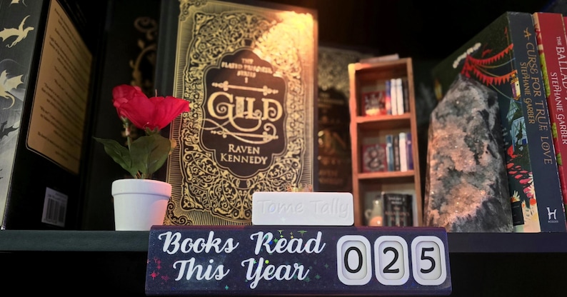 May include: A bookshelf with books, a small wooden bookshelf, and a red flower in a white pot. A counter displays "Books Read This Year 025". A book titled "GILD" is visible.
