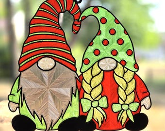 Large 3D Printed Gnome Couple | Stained Glass Effect Window Decor | Scandinavian Holiday Gift