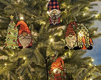 Layered 3D Printed Christmas Gnome Ornaments Set of 4 | Stained Glass Effect Holiday Decor