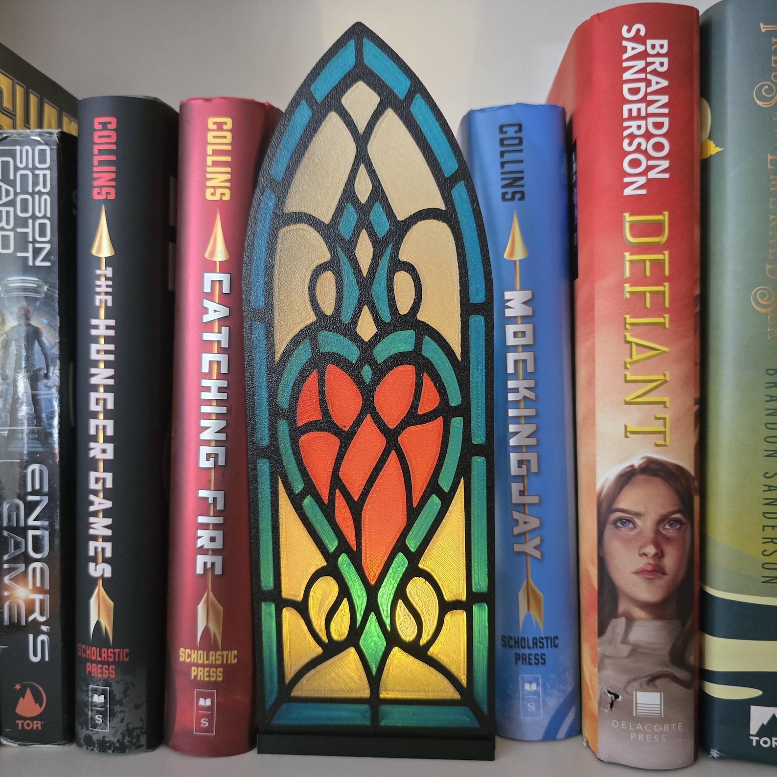 Enchanted Stained Glass LED Tea Light Book Nook with Gothic Window Design, 3D Printed Book Shelf Decor, Reading Nook Ac