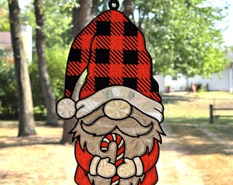 Large 3D Printed Plaid Gnome | Stained Glass Effect Window Decor | Scandinavian Holiday Gift