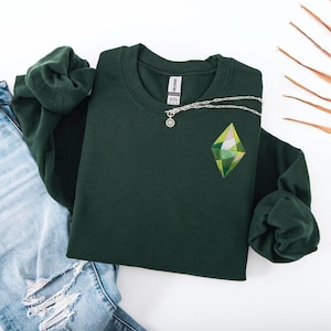 Sudadera inspirada en Los Sims / Sudadera con capucha verde de Plumbob / Sudadera de cuello redondo con estética gamer / Sudadera acogedora para juegos / Sudadera de regalo para Simming / Personalizable Forest Green