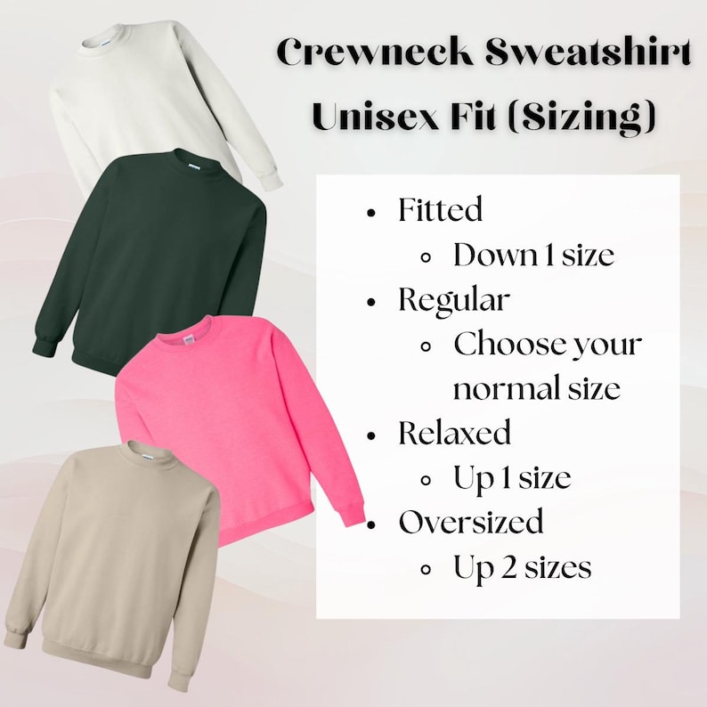Puede incluir: Cuatro sudaderas con cuello redondo en diferentes colores: blanco, verde oscuro, rosa y beige. La imagen incluye texto que describe las opciones de talla para un ajuste unisex: Ajustado (Una talla menos), Regular (Elige tu talla normal), Relajado (Una talla m&aacute;s), Oversize (Dos tallas m&aacute;s).